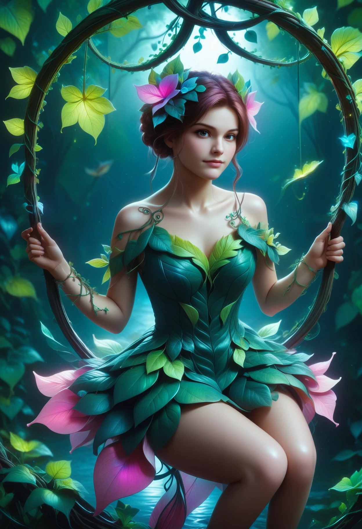 close up, 1 woman, upper body, animecore, 2d, zyveijsdxl, bright smile, harmonious, wearing a dress made out of ivy, detailed with neon petals, made out of iridescent flower petals, sits on a swing in the forest over a river, the swing is detailed with ivy, by night <lora:zyveijSDXL:1>, <lora:Jedtailer:0.4>, p1nk1r1fl0wers  <lora:PinkieIriFlwrsSDXL:0.7>