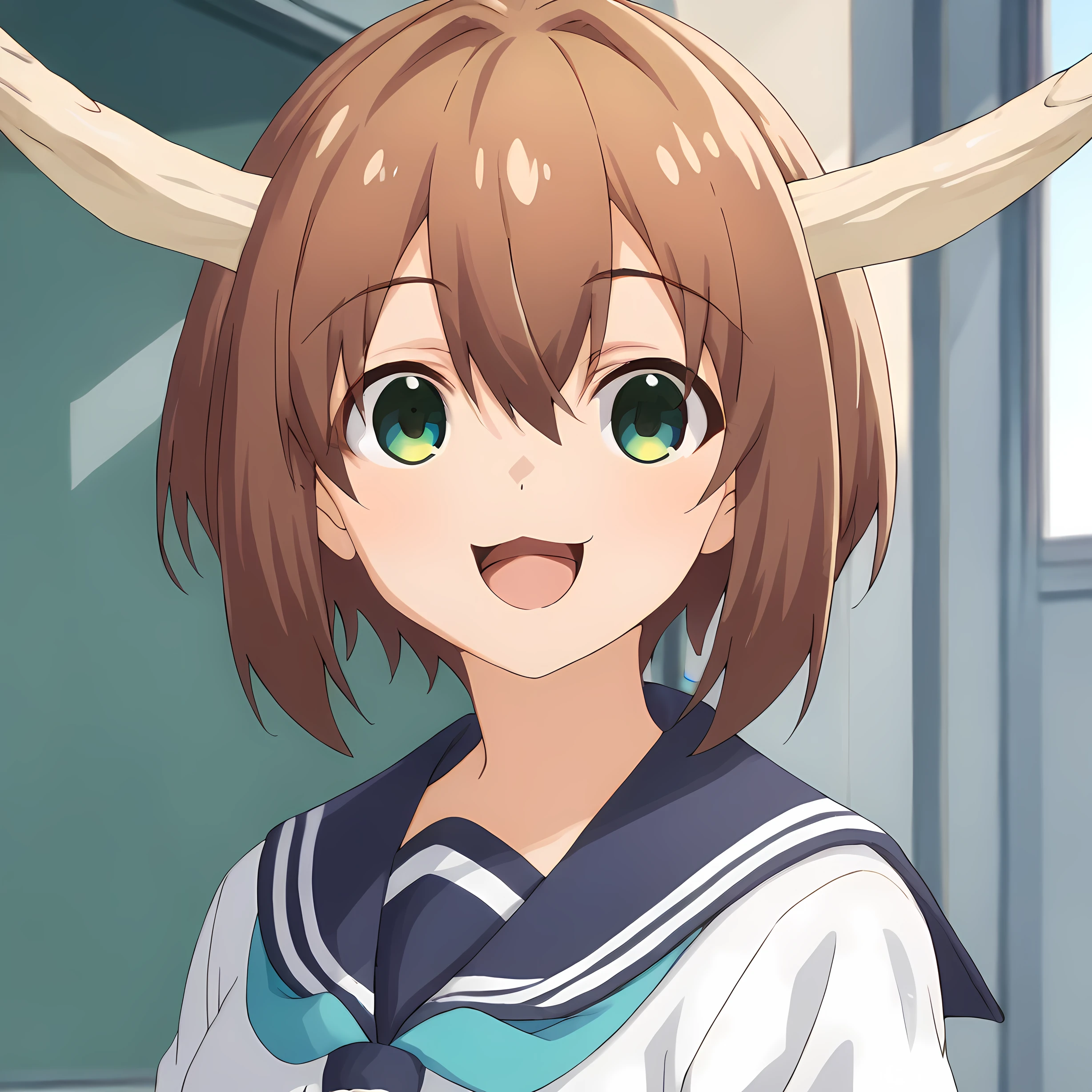 score_6_up,score_4_up,score_5_up,Nokotan, 1girl, solo, looking at viewer, smile, short hair, open mouth, bangs, brown hair, hair between eyes, school uniform, green eyes, :d, horns,serafuku, sailor collar, :3, blue sailor collar, portrait <lora:Nokotan:0.9>