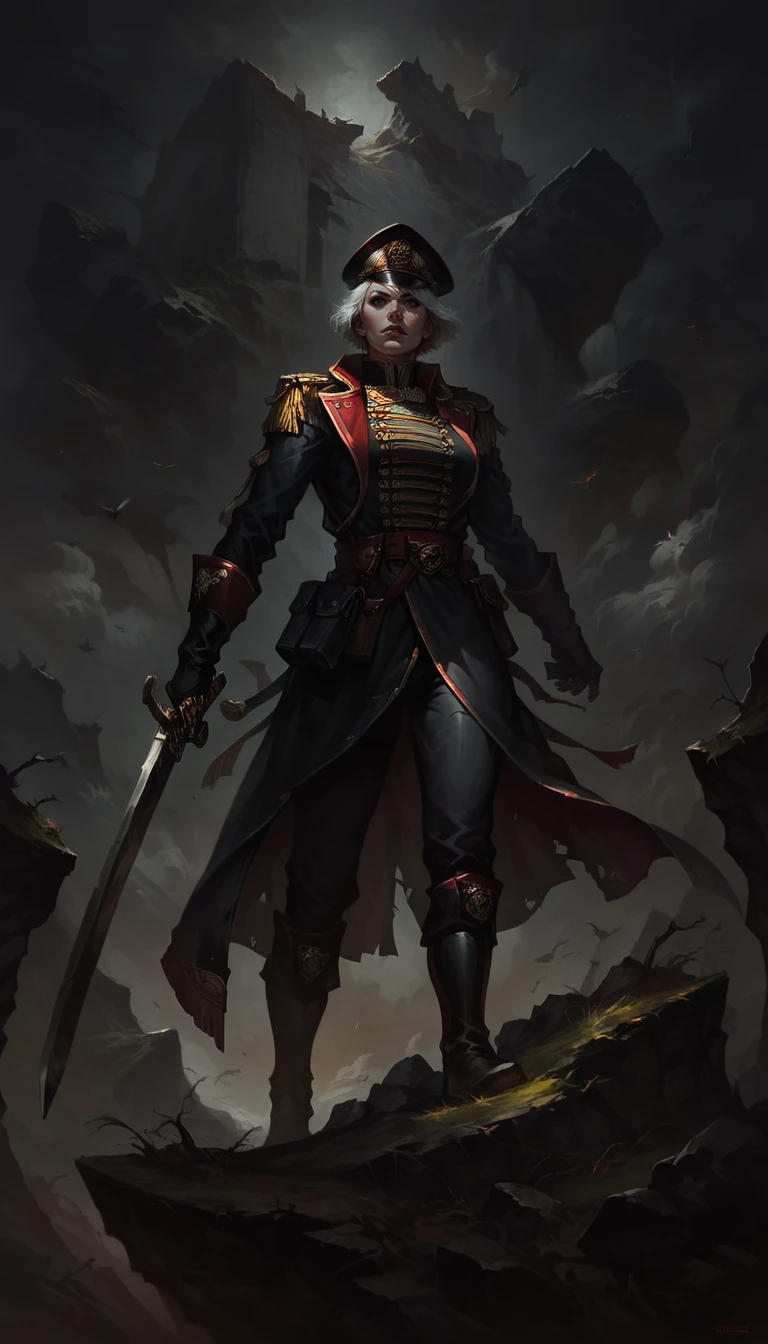 score_9, score_8_up, score_7_up, 1 1girl, detailed face, short white hair, warscape, war, , dynamic pose, in movement, sword, standing on a giant stone, standing on cliff, 
from from belov,
 <lora:commissar_uniform_WH40K:0.8>, commissar uniform, long coat, commissar hat
 <lora:Concept Art DarkSide Style LoRA_Pony XL v6:0.8> concept art, realistic, dark theme, low light,