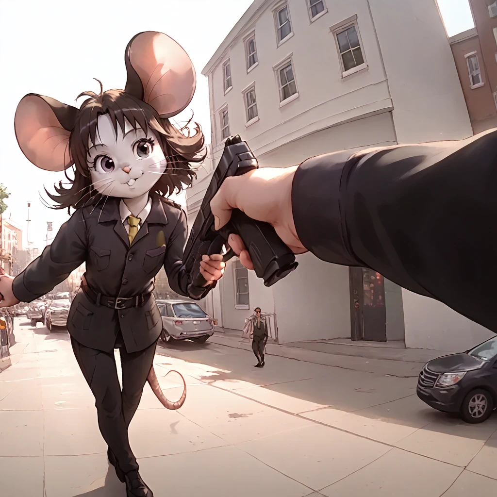 score_9, score_8_up, score_7_up,(a person holding a gun in city),<lora:popocam_pony-000030:0.85> ,popocam, <lora:Jerry_Mouse_TomJerry:0.8>  jerry, mouse, whiskers, mouse ears, mouse tail