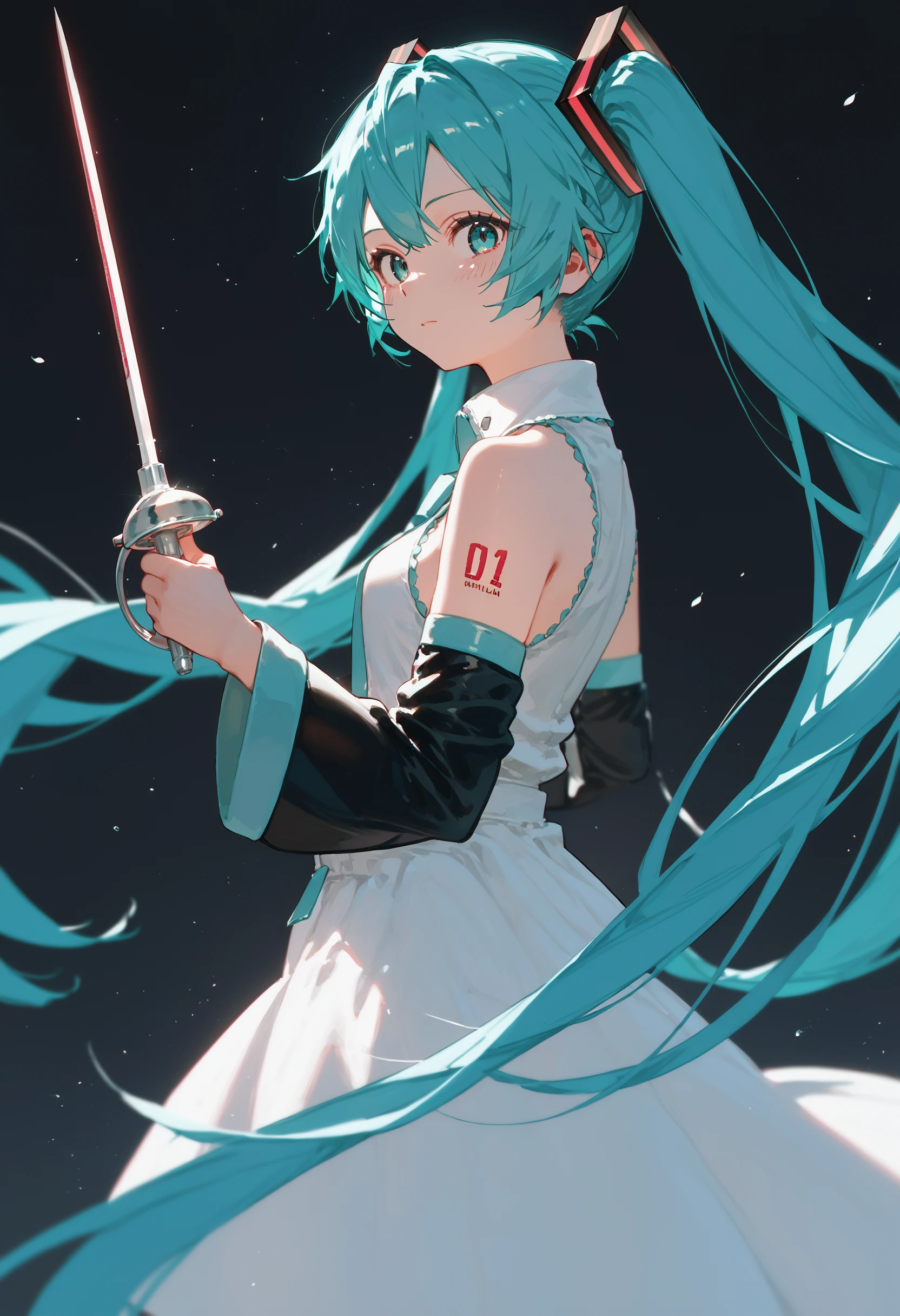 score_9_up score_8_up score_7_up, 1girl, holding sword rapier, hatsune miku, from side, looking at viewer
<lora:rapier_pony_ex_c12_d16:1>