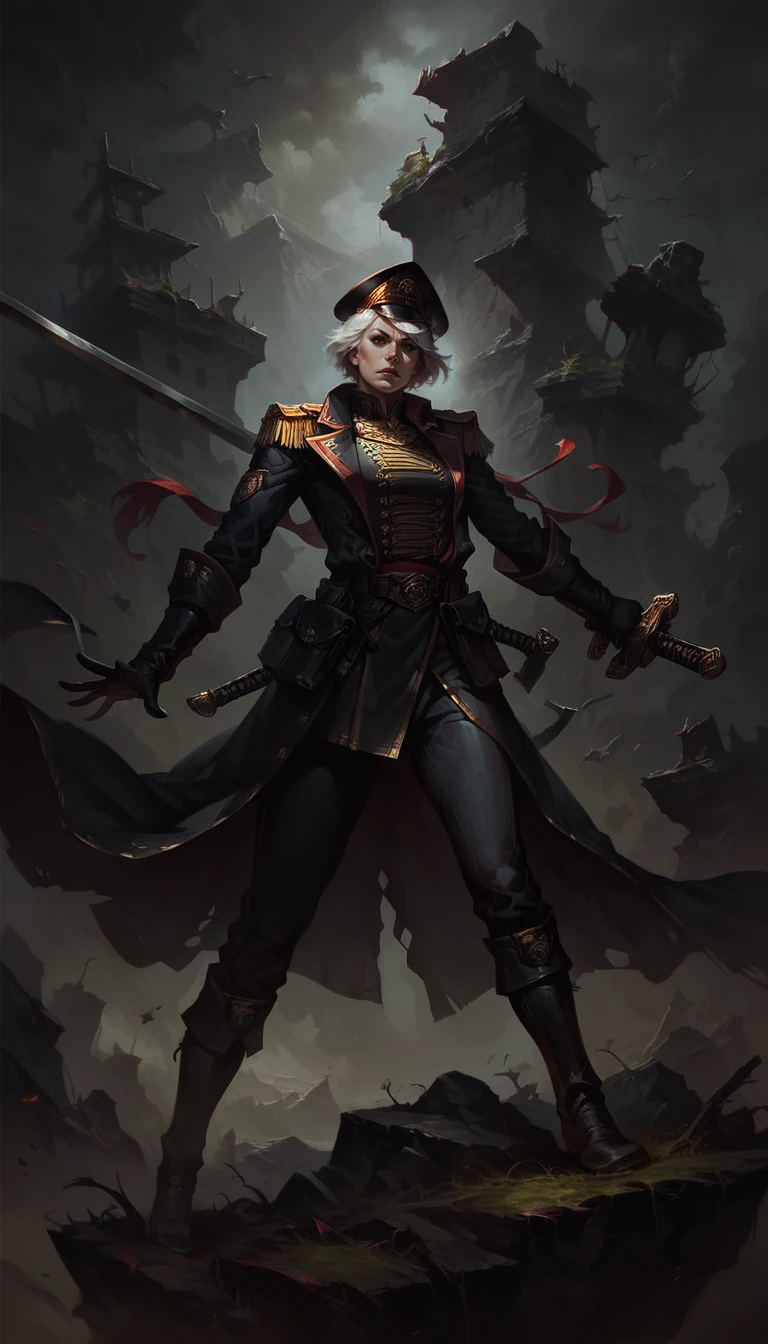 score_9, score_8_up, score_7_up, 1 1girl, detailed face, short white hair, warscape, war, , dynamic pose, in movement, sword, standing on a giant stone, standing on cliff, 
from from belov,
 <lora:commissar_uniform_WH40K:0.8>, commissar uniform, long coat, commissar hat
 <lora:Concept Art DarkSide Style LoRA_Pony XL v6:0.8> concept art, realistic, dark theme, low light,