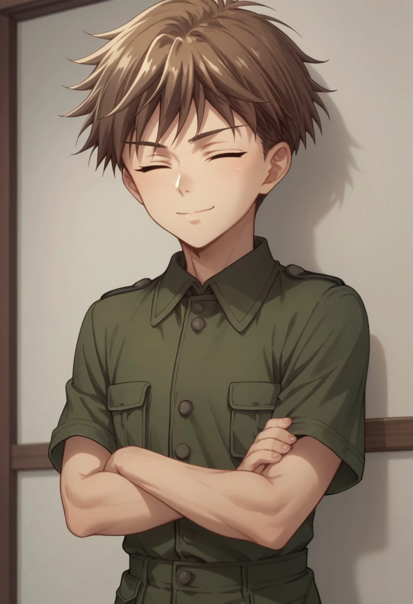 score_9, score_8_up, score_7_up, source_anime, highly detailed, 
hirosohma, 1boy, male focus, brown hair, solo, closed eyes, green shorts, military, military uniform, upper body, looking at viewer, smile, closed mouth, crossed arms
indoor, windows