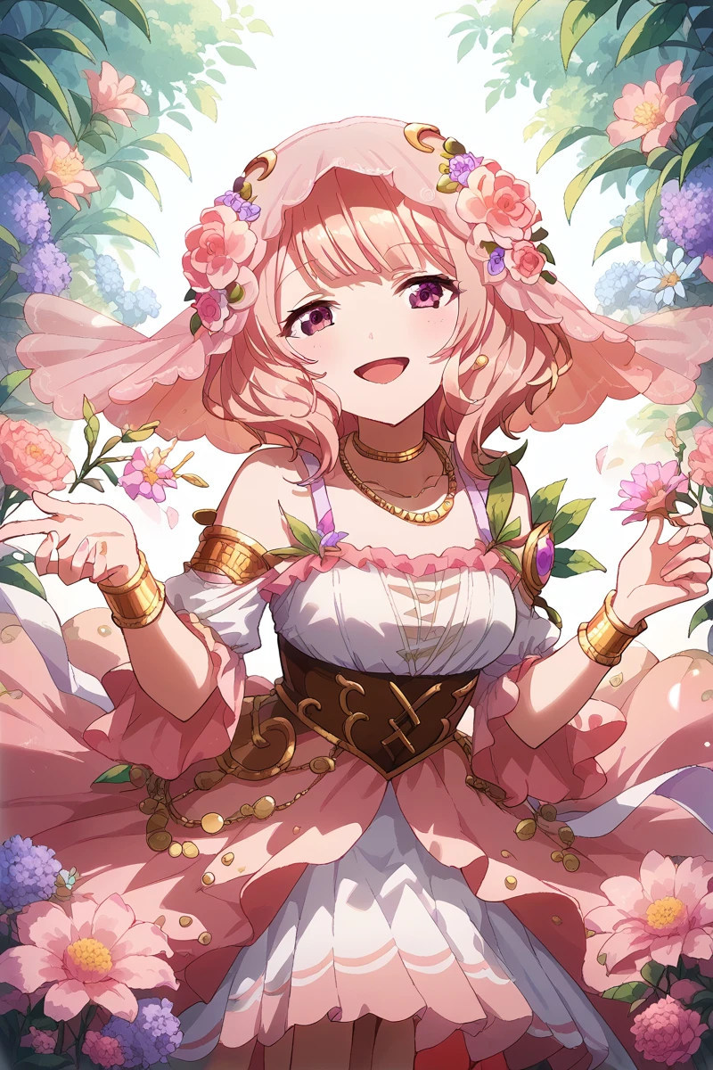 score_9, score_8_up, score_7_up, score_6_up, 1girl,
 <lora:Yuyuko_Tanaka:0.9> yuyuko, flower, solo, dress, hair ornament, jewelry, pink hair, hair flower, veil, necklace, pink eyes, smile, open mouth, bracelet, looking at viewer, eury