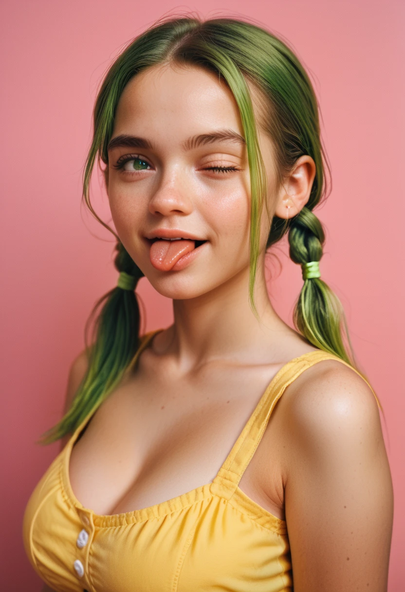 score_9, score_8_up, score_7_up, portrait of a cute woman with lime green hair, large breasts, pigtails, pink background, closing one eye, winking, tongue out, from side angle, looking at viewer, yellow sundress,