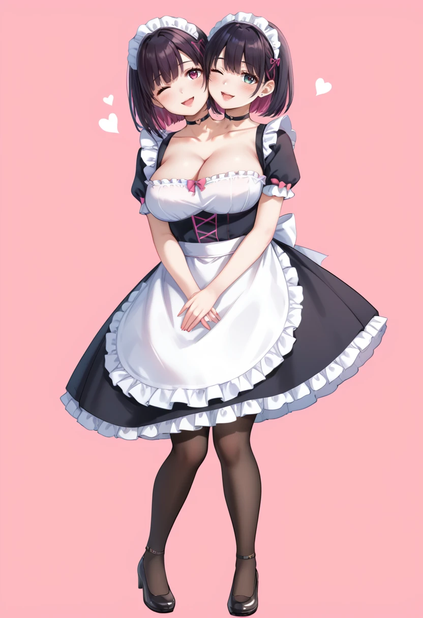 (score_9:0.9),score_8_up,score_7_up,rating_safe,anime style,(zPDXL),(twoheads),2girls,mature female,Accurate describe shapes,beautiful face,scenery,dramatic lighting,mature female,older,big breasts,milf,motherly,curvy,<lora:Multihead ponyXL v1.1:0.56>,<lora:MatureFemalePony:0.55>,heart, black hair, smile, choker, short hair, pantyhose,  one eye closed, cleavage, looking at viewer, full body, simple background, open mouth, multicolored hair, pink hair, blush, maid,