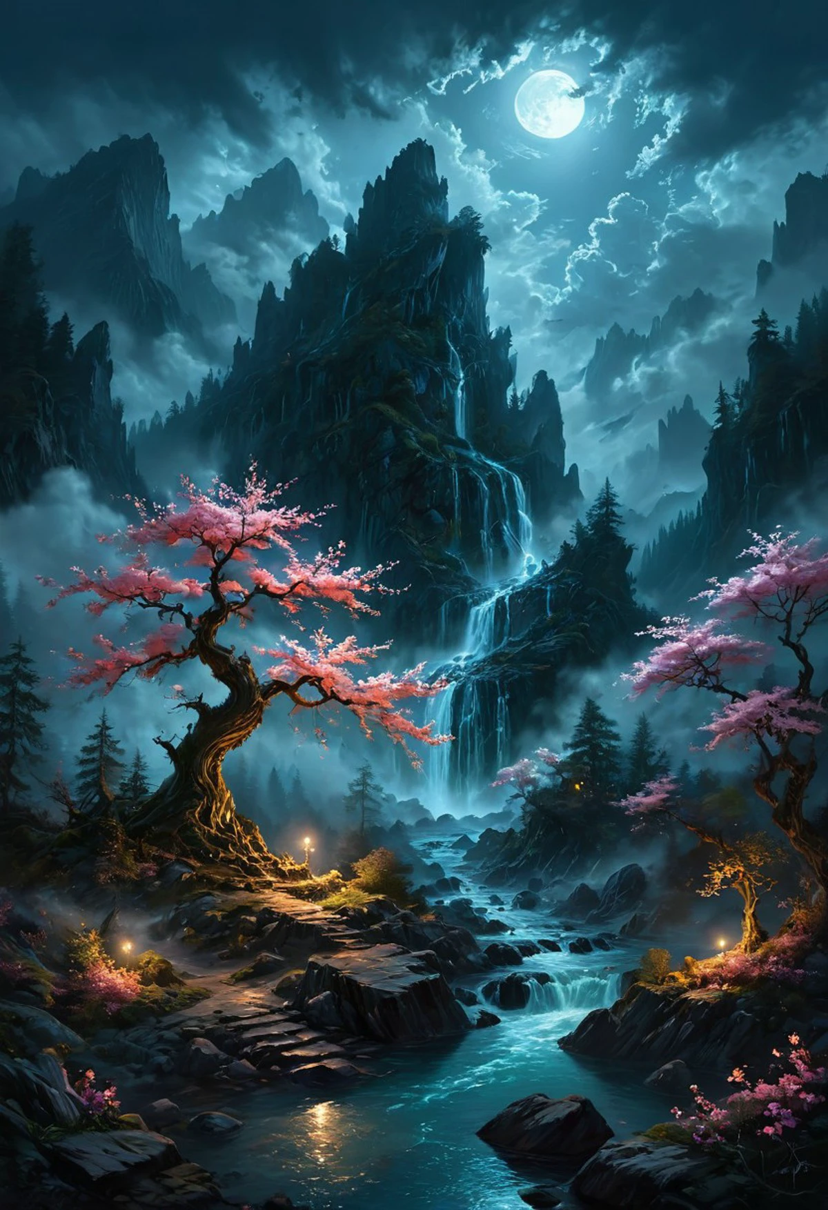 Under the eerie glow of a full moon, a dark and ominous forest landscape unfolds, A vibrant cherry blossom tree stands by the edge of a serene lake, its vivid hues contrasting starkly with the foreboding atmosphere. In the background a waterfall cascades down jagged rocks, the water glistening in the moonlight, Thick swirling clouds loom overhead adding to the sense of an evil presence, The moonlight peaks through the clouds casting an otherworldly glow over the entire scene. The air is thick with mysticism as if the very night holds ancient secrets and dark magic, romantic impressionism, dream scenery art, beautiful oil matte painting, romantic, style of thomas kinkade, (beautiful digital painting:1.3), anime style, romantic painting, dreamlike digital painting, colorful painting, beautiful oil painting, style of greg rutkowski, janek sedlar, and jenny saville, midjourney style painting, (paint brush textures:1.3), (masterpiece:1.35), (dramatic lighting:1.5), brush textures