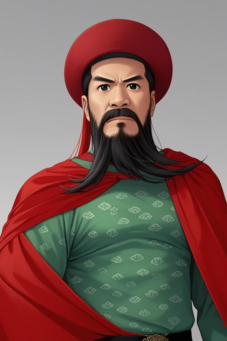 zhangxianzhong, 1boy, male focus, facial hair, solo, beard, mustache, shirt, upper body, black eyes, hat, green shirt, red headwear, closed mouth, flower pattern, red cape<lora:EMS-438755-EMS:0.900000>