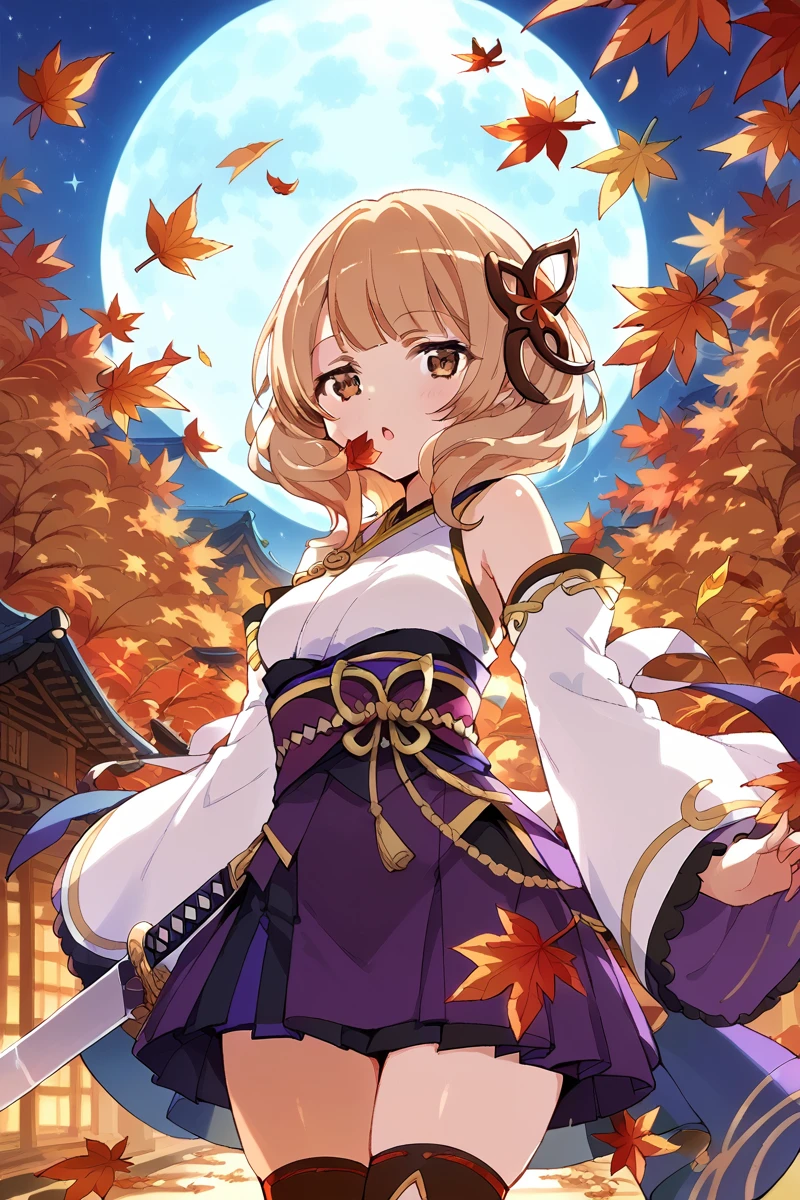 score_9, score_8_up, score_7_up, score_6_up, 1girl,
 <lora:Yuyuko_Tanaka:0.9> yuyuko, moon, solo, detached sleeves, sword, japanese clothes, weapon, maple leaf, brown eyes, leaf, full moon, thighhighs, autumn leaves, night, sky