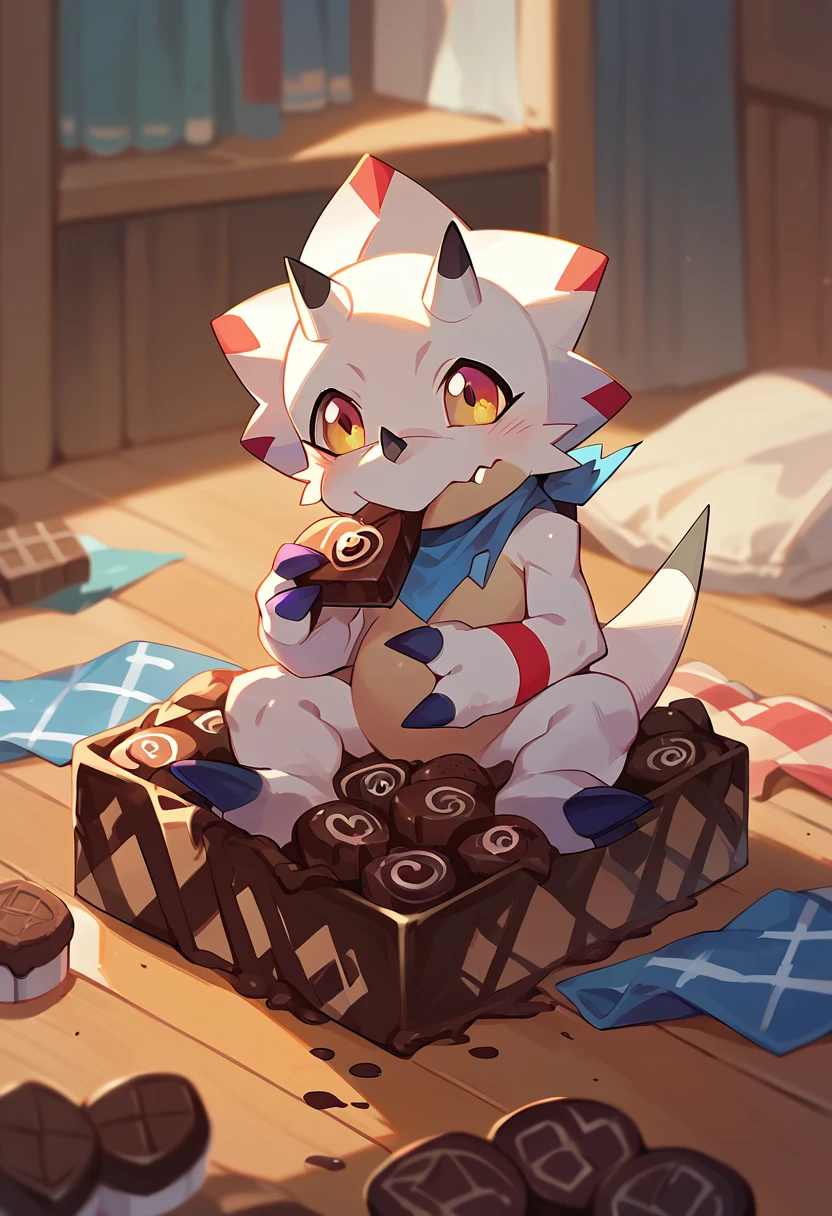 score_9, score_8_up, score_7_up, score_6_up, source_furry, solo, dof, full-length portrait, blurred background,  <lora:DIGIMON_GAMMAMON:1> gammamon, white body, blue scarf, digimon (creature), cute, pile of chocolate candy in background, eating chocolate