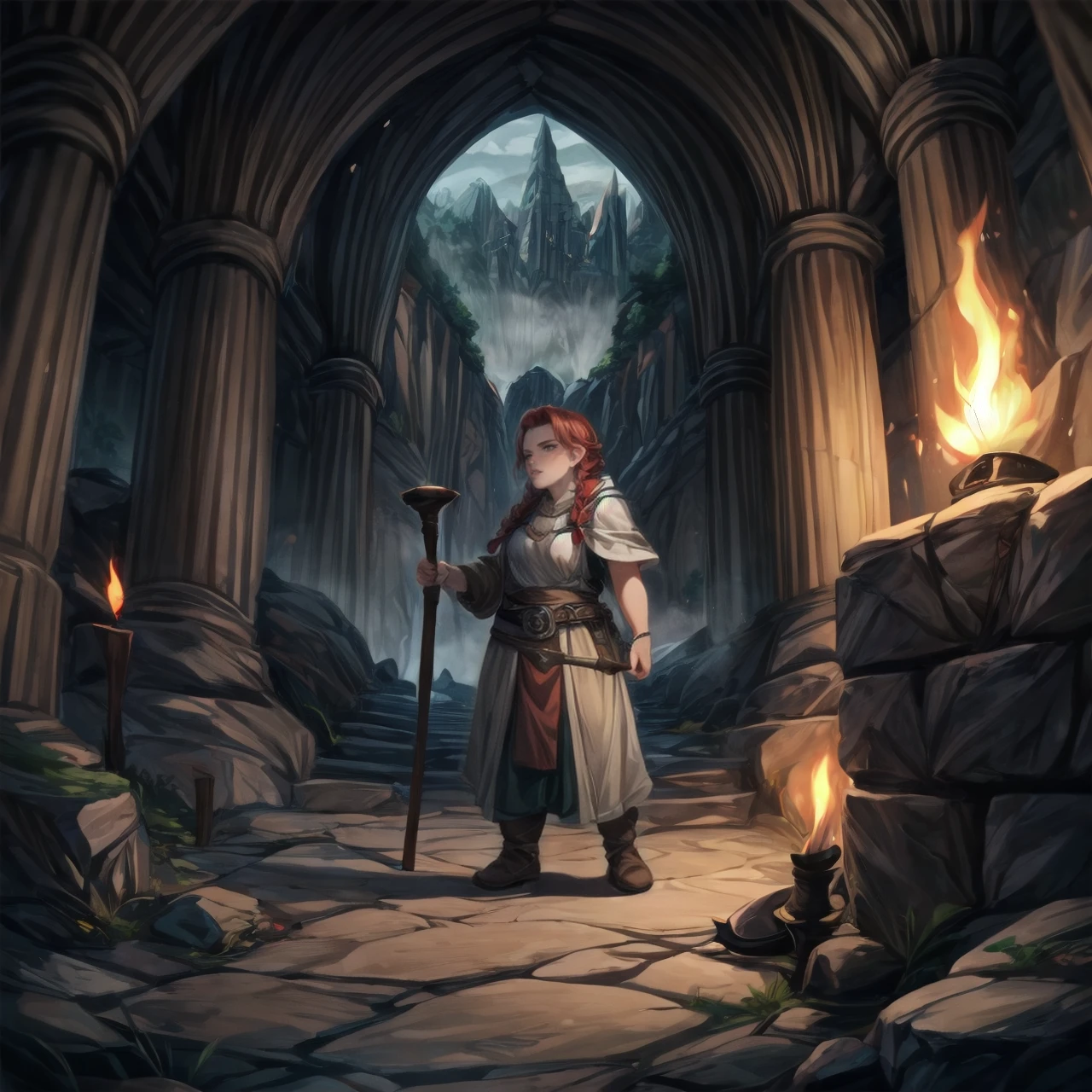 1girl, dwarf, red hair, braids, underground, dwarven city, stone, torches, <lora:Dwarves! SD 1.5:0.8>, dwarvenstyle, very detailed, <lora:more_details:0.6>, high quality, highres, masterpiece, best quality, 8k, intricate, detailed, <lora:add_detail:0.6>