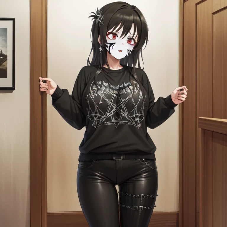 (masterpiece, best quality, highres:1.4), highly detailed, detailed shading, vibrant colors, idolmaster, love live!, 1girl, solo, black hair, red eyes, black shirt, spiked jacket, black pants, inverted cross, inverted cross earrings, pentagram hair ornament, large breasts, wide hips, thick thighs, corpse paint, black and white makeup, facepaint, makeup, black metal, <lora:corpse_paint_black_metal_makeup:0.7> <lora:punk_v0.2:1>