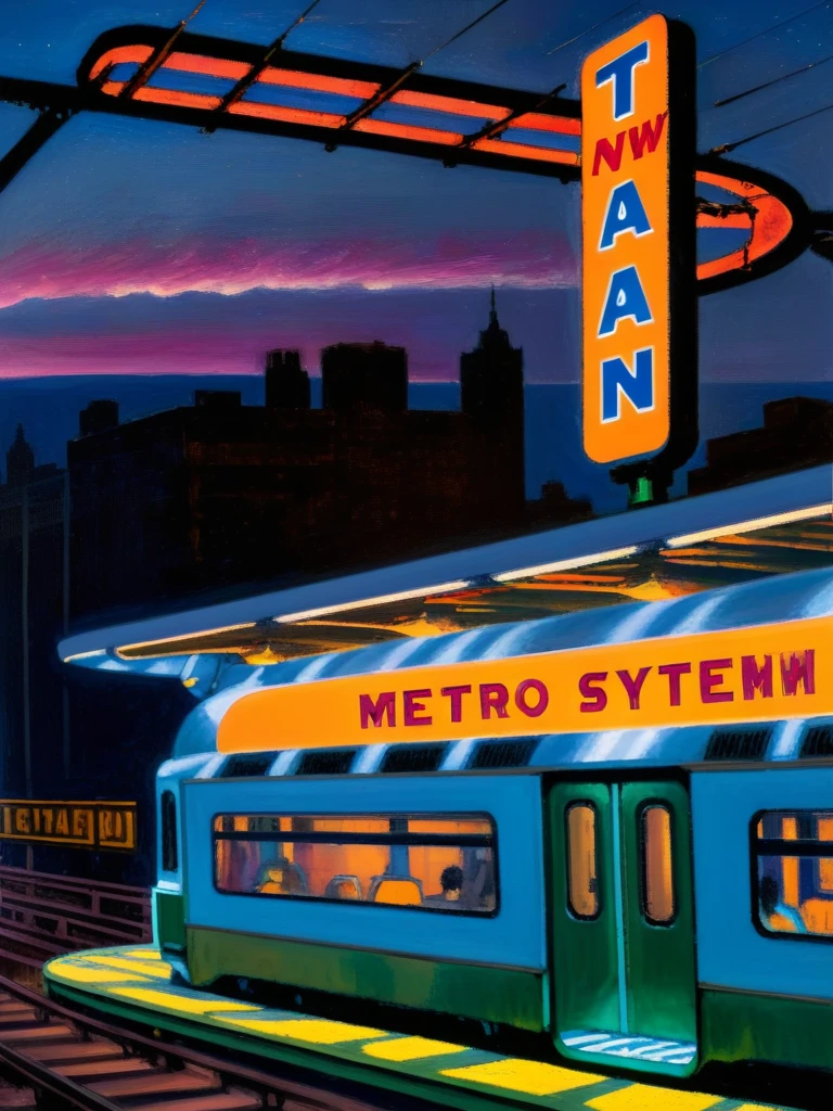 <lora:03realismPainting_Hap_XL:1>,American art,oil painting,peaceful,realism, Above the platform, a large neon sign advertises the "New Titan Metro System". The sign is bright and colorful, and it casts a warm glow over the scene. However, the sign's cheerful message belies the dark secrets that lie hidden beneath the station.