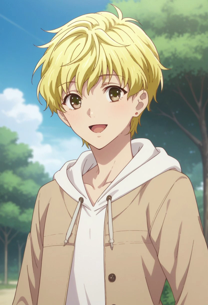 score_9, score_8_up, score_7_up, source_anime, highly detailed, 
momijisohma, solo, blonde hair, male focus, 1boy, upper body, hood, open mouth, smile, jewelry, brown eyes, hoodie, earrings, long sleeves
outdoor, sky, tree