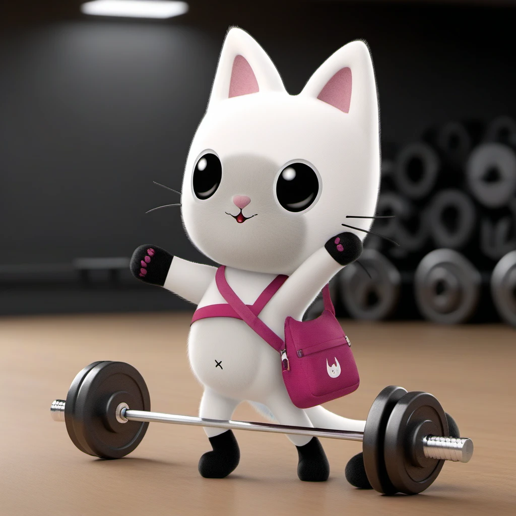 professional 3d model  a full body cat, no humans, , bag, cat ears, holds barbells,  in a gym  <lora:PandyPaws1024:0.8> . octane render, highly detailed, volumetric, dramatic lighting