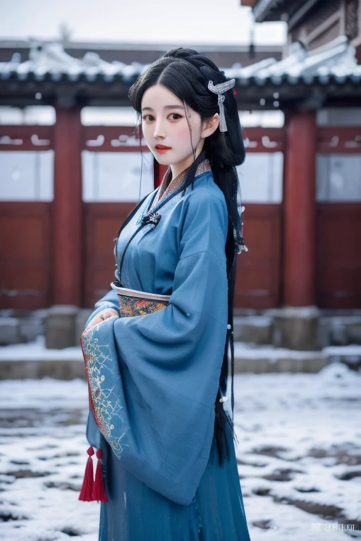 wsr,1 girl,black hair,hair ornament,beautiful face,blue clothes,waist decorations,stand,chinese architecture,snowy,detailed,highres, depth of field,front view,
masterpiece, best quality