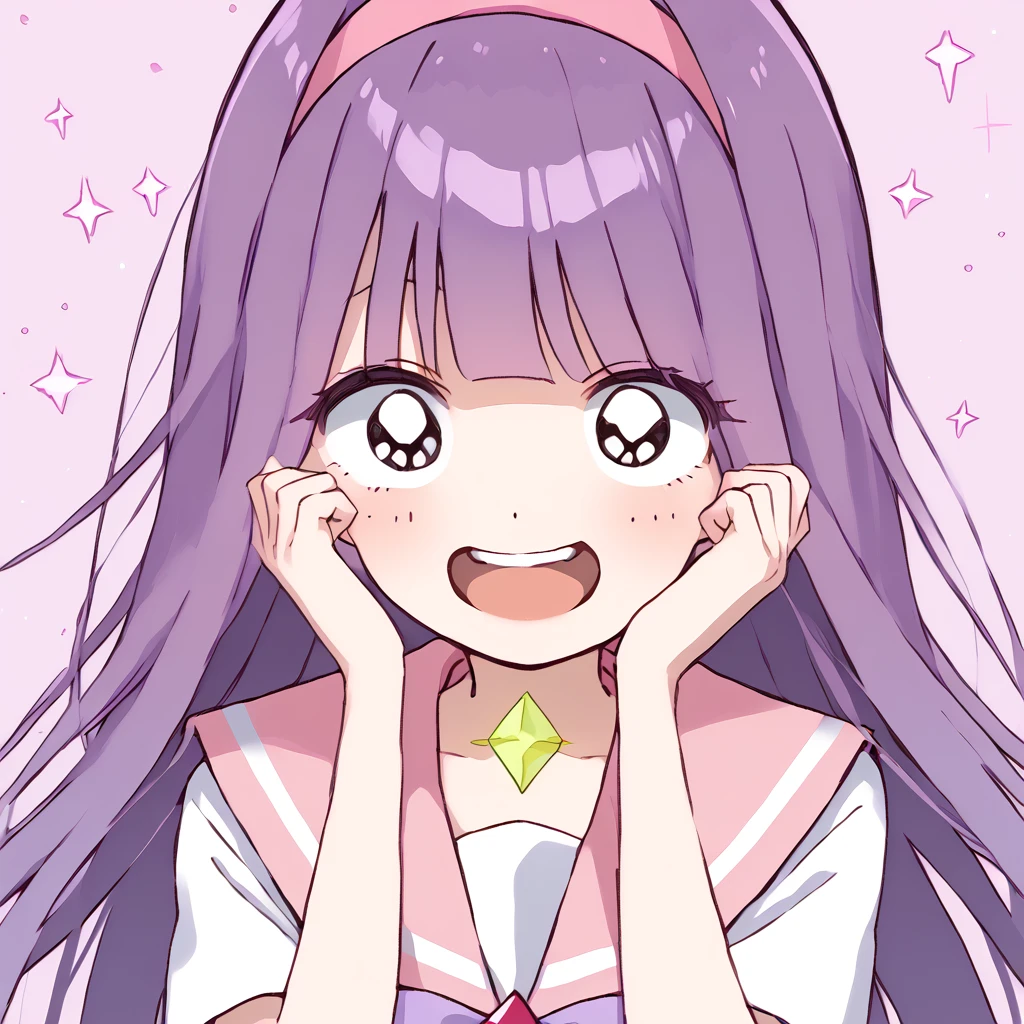 <lora:Menherachan:1>  purple hair, long hair, pink hairband, purple sailor collar, short sleeves, excited, diamond \(symbol\)