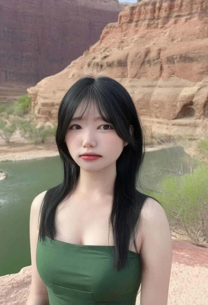 s_uaang \(Person\), @s_uaang, 1 young woman, black hair, closed mouth, brown eyes, waist up, portrait shot, green dress, long hair, background: outdoors, Grand Canyon, sandy environment