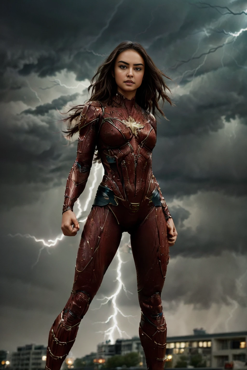 opt-courtneyeaton <lora:opt-courtneyeaton:1>, brown hair, brown eyes, action pose, full body picture, fist full of lightning, night, stormy, Cinematic action, super hero pose, professional photograph, detailed, intense hair, sharp focus, dramatic, award winning, cinematic lighting, volumetrics dtx, (film grain, blurry background, blurry foreground, bokeh, depth of field), (masterpiece), (extremely intricate:1.3), (realistic), HDR+, <lora:Superhero_suit-000007:0.6> superhero suit,