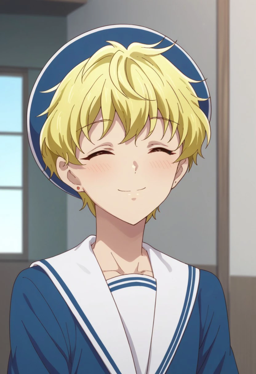 score_9, score_8_up, score_7_up, source_anime, highly detailed, 
momijisohma, blonde hair, solo, closed eyes, smile, jewelry, earrings, hat, short hair,
blush, sailor collar,  blue shirt, blue headwear, 1boy, male focus,
indoor, japanese