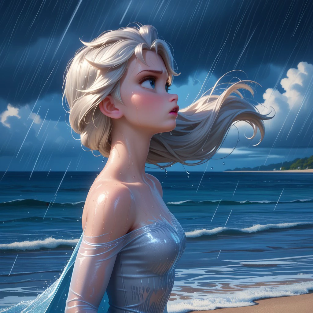 score_9, score_8, score_7, score_6, Elsa, 1girl, fFaceDetail, OverallDetail, beach, long hair, hair blowing in the wind, determined look, wet, tight silver dress, storm, windy, rain, at night