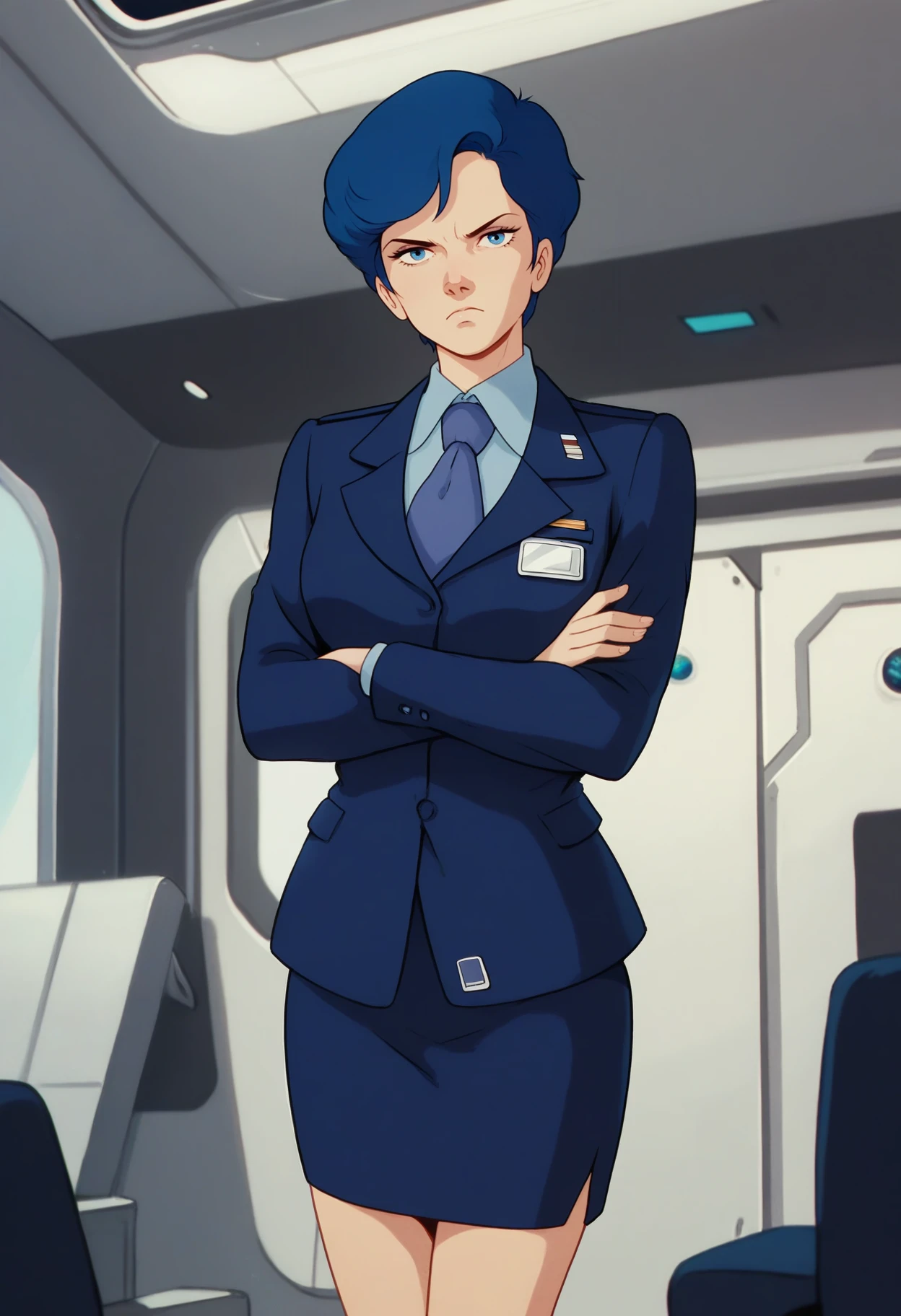 score_9, score_8_up, score_7_up, score_6_up, <lora:HildaBidan:0.9>, HildaBidan, solo focus, blue eyes, blue hair,
suit, military uniform, blue necktie, blue jacket, short hair, blue skirt, pencil skirt, name tag,
serious, crossed arms, looking at viewer, 
BREAK space, indoors,