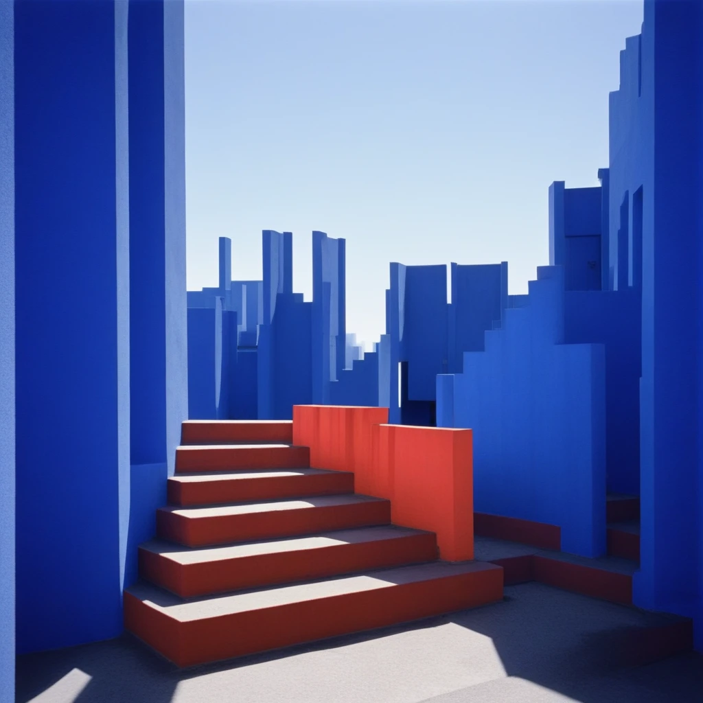 La Muralla Roja by Ricardo Bofill, photograph, orange and blue walls, stairs, steps, blue sky in background, Postmodern architecture