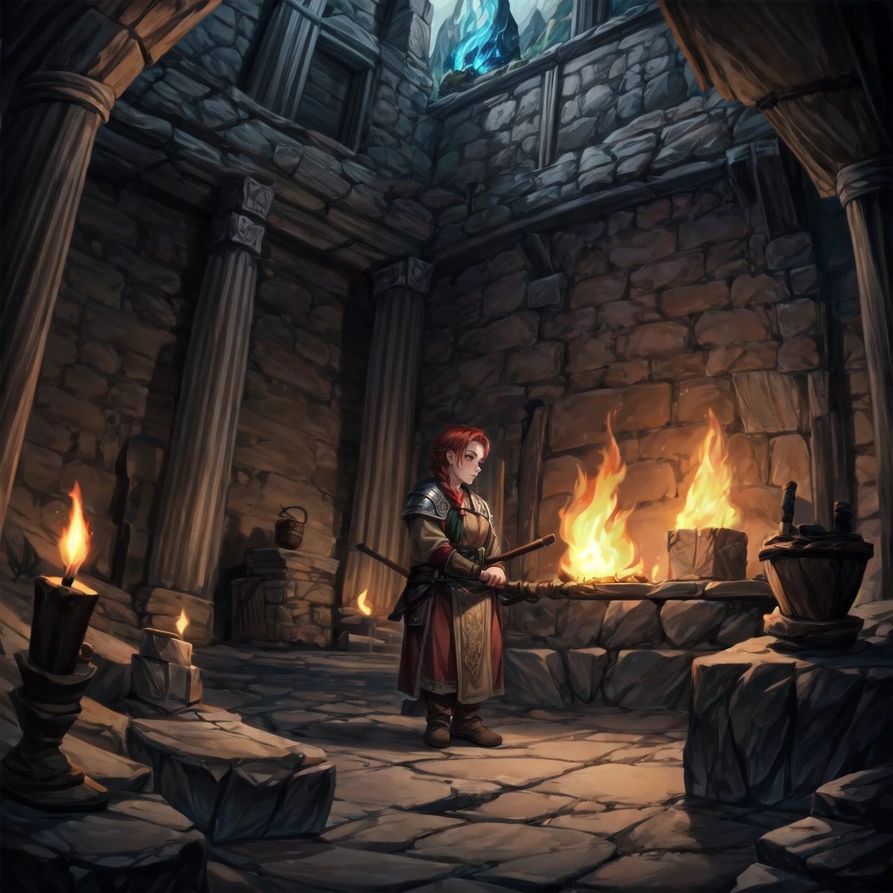 1girl, dwarf, red hair, braids, underground, dwarven city, stone, torches, <lora:Dwarves! SD 1.5:0.8>, dwarvenstyle, very detailed, <lora:more_details:0.6>, high quality, highres, masterpiece, best quality, 8k, intricate, detailed, <lora:add_detail:0.6>