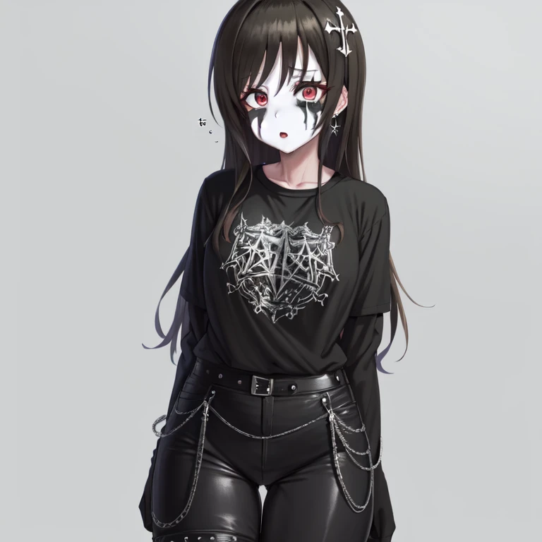 (masterpiece, best quality, highres:1.4), highly detailed, detailed shading, vibrant colors, idolmaster, love live!, 1girl, solo, black hair, red eyes, black shirt, spiked jacket, black pants, inverted cross, inverted cross earrings, pentagram hair ornament, large breasts, wide hips, thick thighs, corpse paint, black and white makeup, facepaint, makeup, black metal, <lora:corpse_paint_black_metal_makeup:0.6> <lora:punk_v0.2:1>