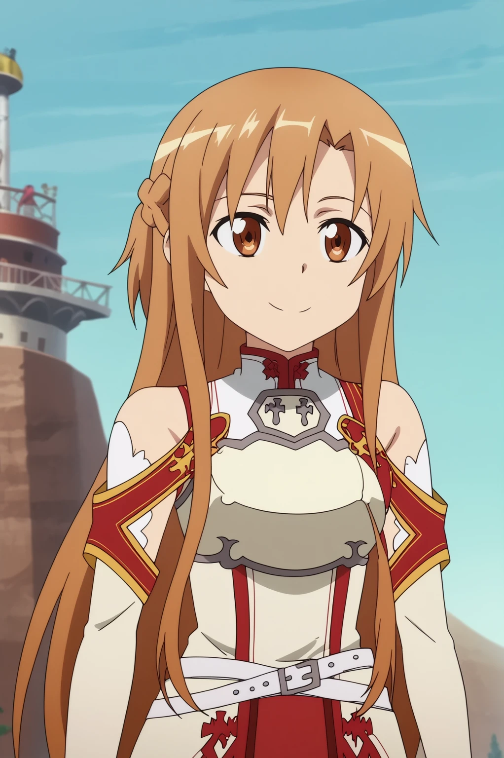 anime screencap,  Steampunk airship soaring through the clouds, Asuna, knights of the blood outfit, light smile, upper body  <lora:COMMISION-SAO-Asuna-PDXL-v2:0.8>