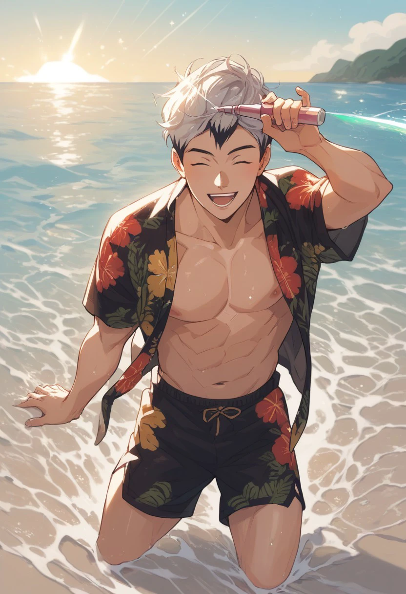 score_9, score_8_up, score_7_up, source_anime, rating_explicit, water, sparkle spray, Kitaikyu, 1boy, male focus, Hawaiian open clothes, beach shorts, closed eyes, open mouth, wide smile, in water, outdoor beach, ocean horizon, sea waves, hands with five fingers, sunset,