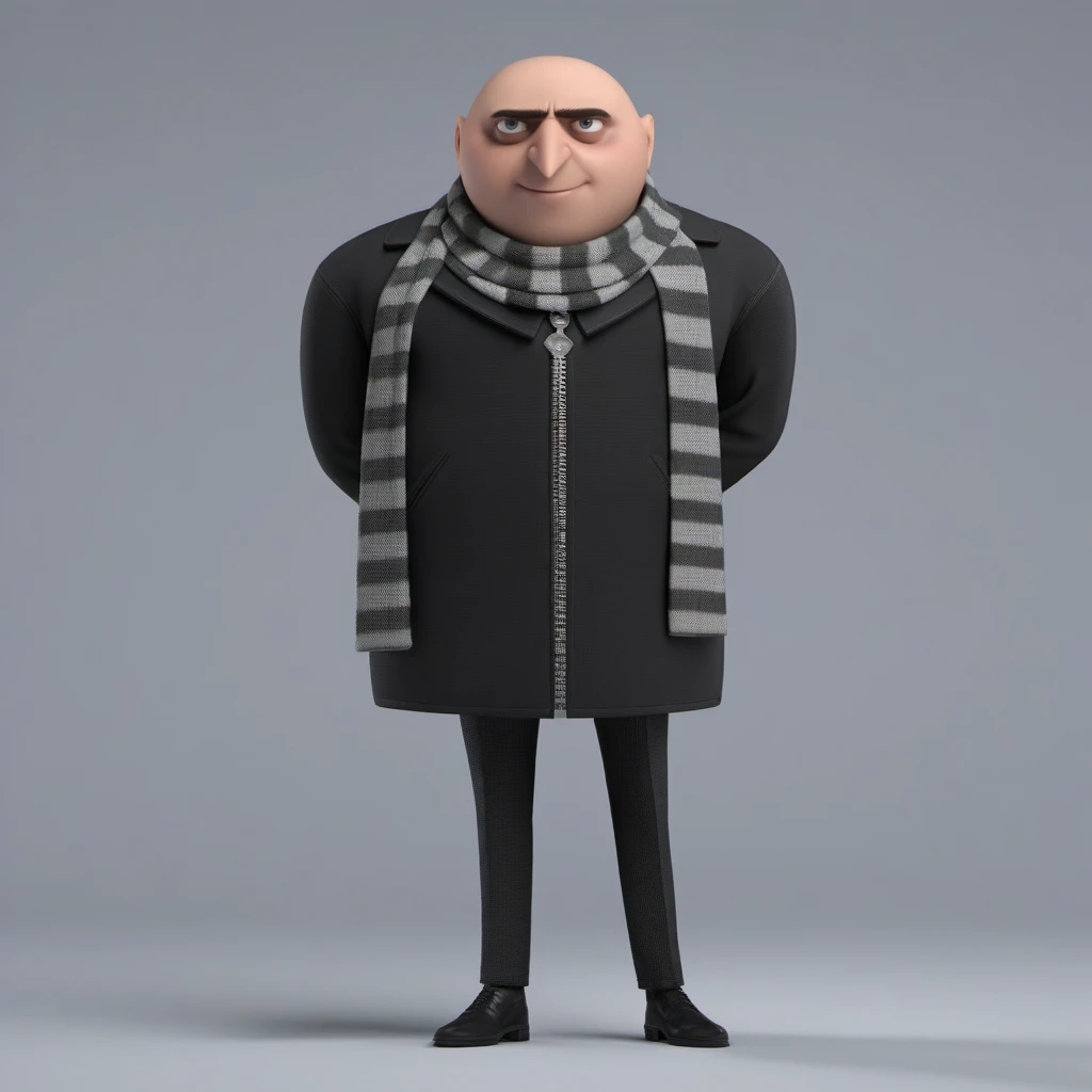 professional 3d model a full body portrait bald man, gru, fat, scarf, wants to rule the world  <lora:Gru1024:0.8> . octane render, highly detailed, volumetric, dramatic lighting