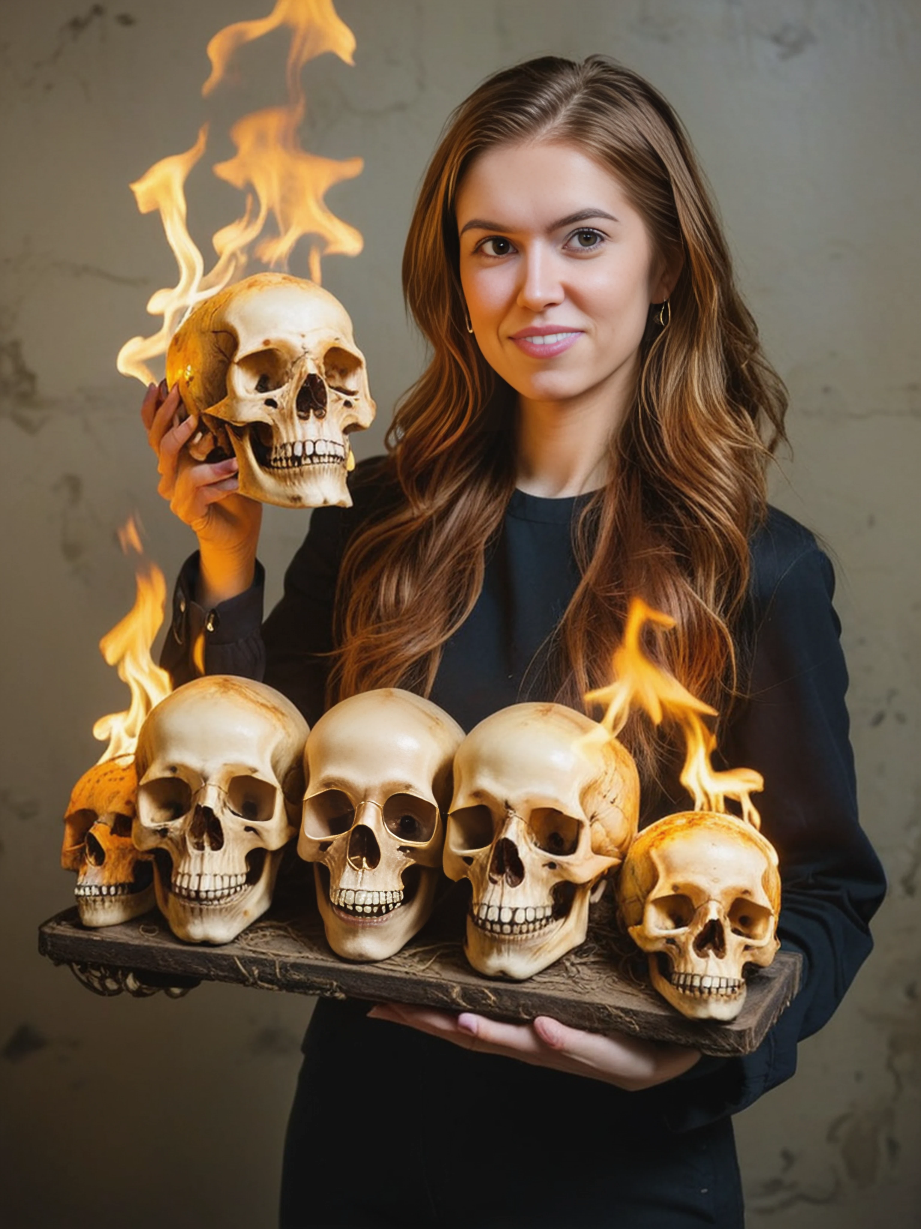 a professional absurdres intricately detailed sharp focus full body photograph of 1woman (Sydney_Sabiston:1.1),
 <lora:Sydney_Sabiston-XL-e15:0.8>, holding flaming human skulls,