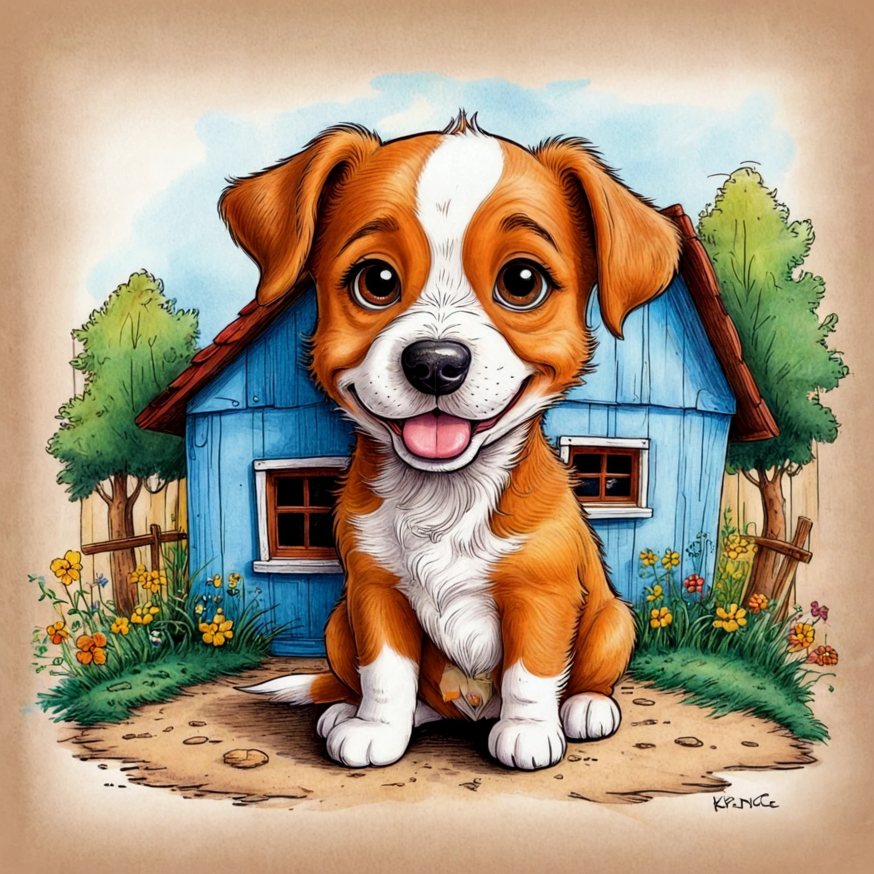 Color drawing. 

A cute and happy puppy outside a house.

<lora:Kartoongo01_CE_SDXL:0.7> krtngoCE

