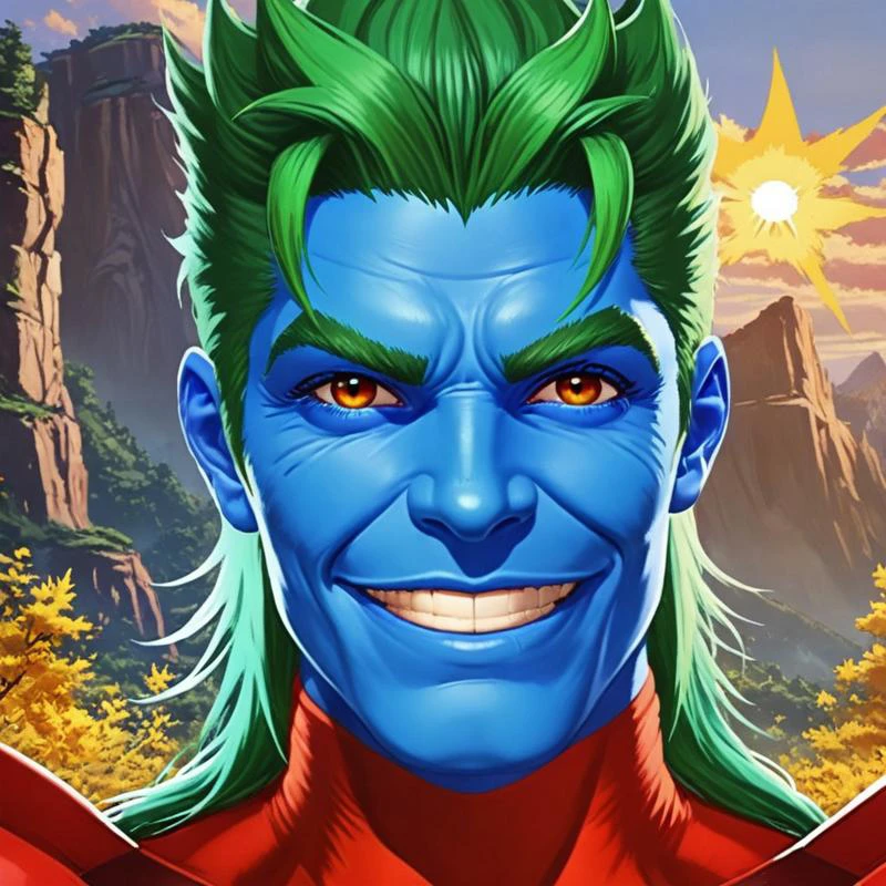 colored, color, strong hero standing on a high mountain, portrait, friendly, smiling at you, victory stance, handsome, green hair, blue skin, red cloth