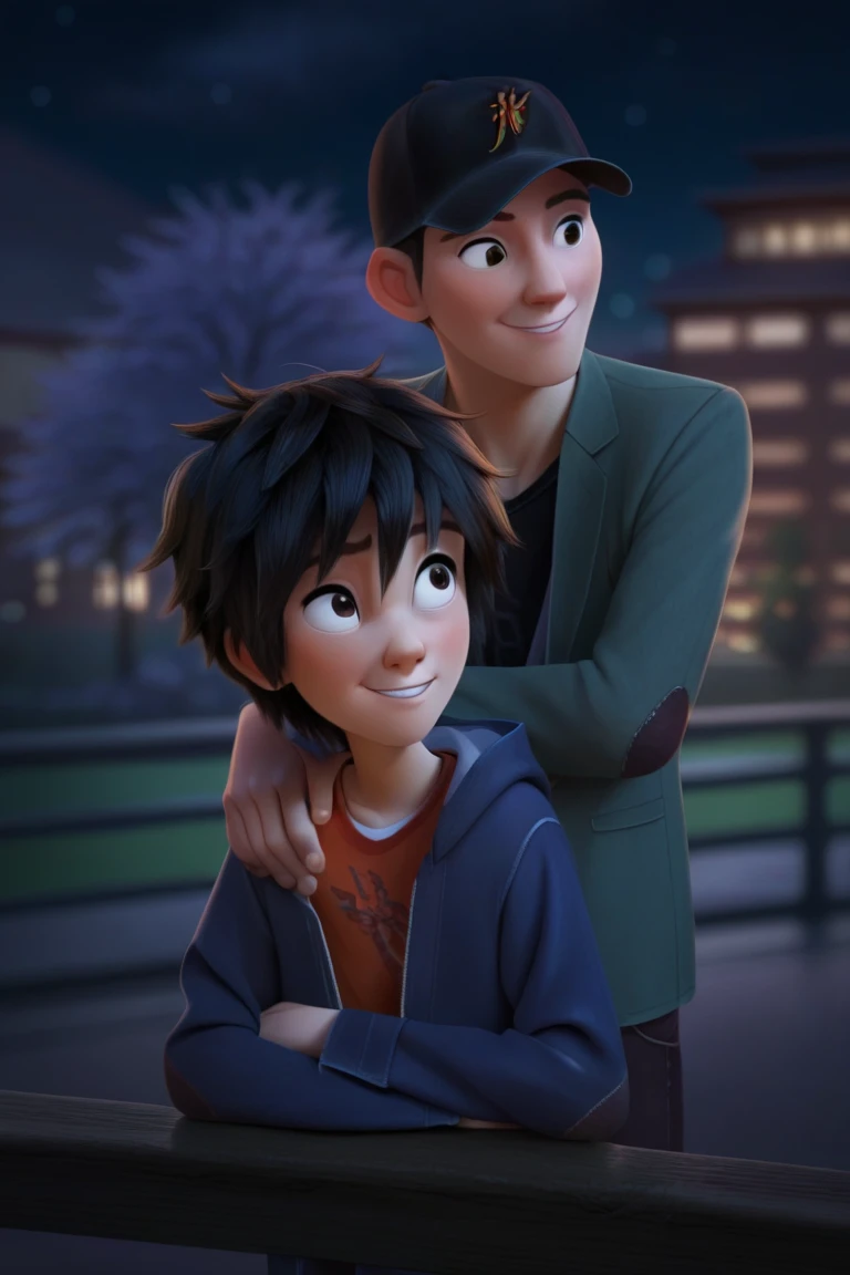 score_9, score_8_up, score_7_up, score_6_up, masterpiece, best quality, amazing quality, best aesthetic, absurdres, intricate details, detailed face,
source_anime, hiro hamada, black hair, black eyes, tadashi hamada, black hair, black eyes, 2boys, height difference, multiple boys, hat, male focus, smile, looking at another, jacket, hood, night, outdoors, blurry, crossed arms, baseball cap, short hair, , eye contact<lora:EMS-438625-EMS:1.000000>