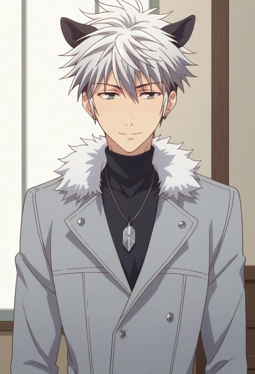 score_9, score_8_up, score_7_up, source_anime, highly detailed, slender,
harusohma, 1boy, solo, male focus, white hair, black hair, multicolored hair, jewelry, upper body, earrings coat, grey coat, black fur trim, gentle smile, animal ears, cow ears,
indoor, japanese