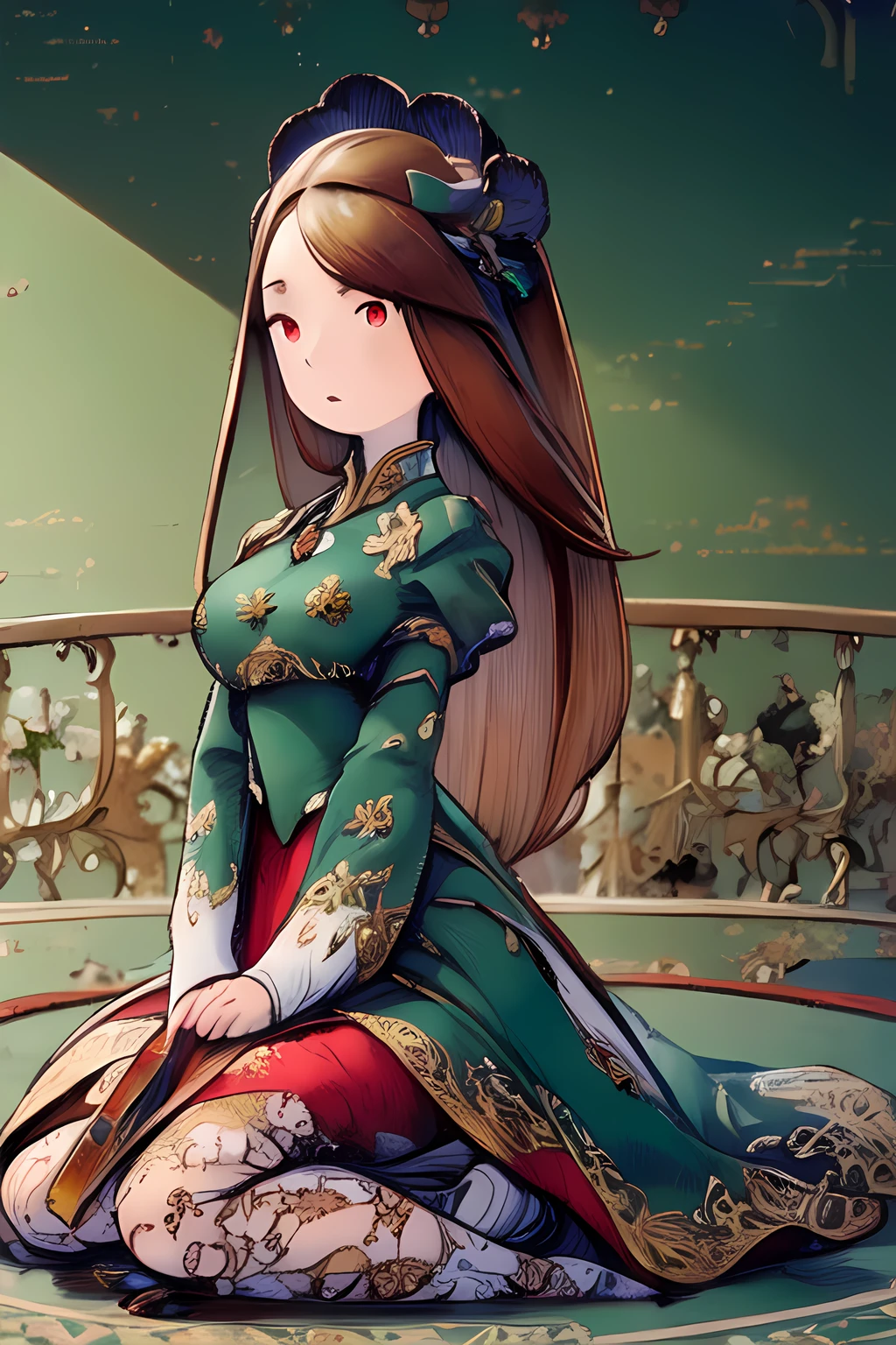 (masterpiece, best quality:1.4), (extremely detailed fine touch:1.2), (extremely detailed eyes), best quality, expressive eyes, perfect face, detailed eyes, 1girl, solo, braid, long hair, red eyes, green dress, green mage robe, <lora:styles\Akihiko_Yoshida_Chibi_Style_v2.safetensors>