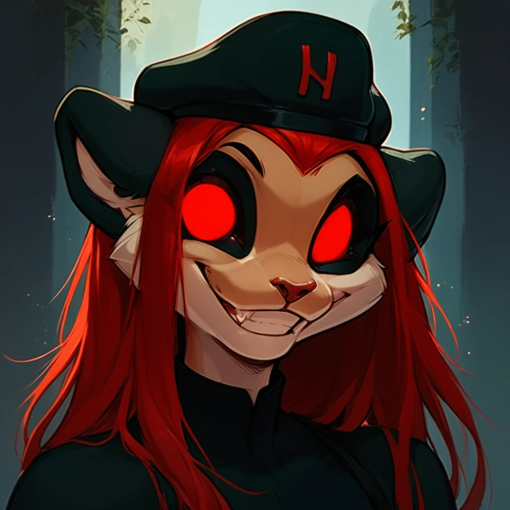 score_9, score_8_up, score_7_up, haures, 1 girl, furry, portrait, long red hair, black beret, red eye, smile, winks,