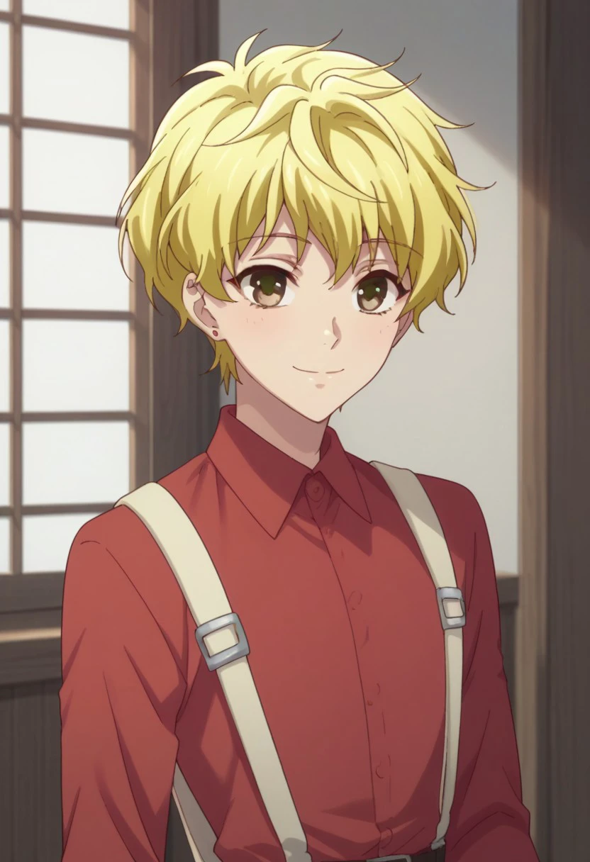 score_9, score_8_up, score_7_up, source_anime, highly detailed, 
momijisohma, blonde hair, solo, brown eyes, smile, jewelry, earrings, short hair, red shirt, long sleeves, belt, 1boy, male focus,
indoor, japanese