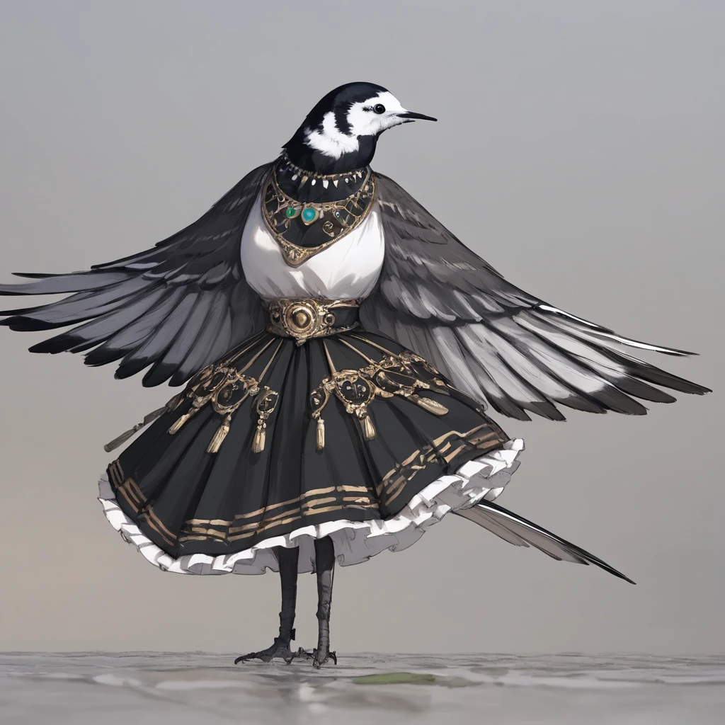 <lora:Pied_Wagtail:1> pied wagtail, bird, black eyes, no humans, songbird,
 <lora:HarpyXX pony v1:0.8> feather winged arms
 <lora:bell_skirt-PD-1.0:0.8> bell skirt