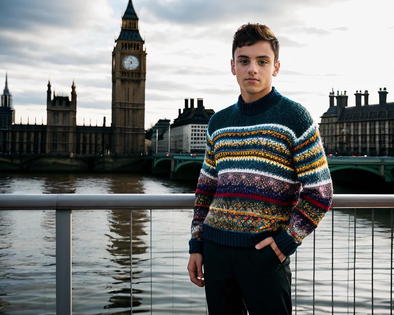 A  photograph of tdaley <lora:tdaley-v1:0.8>, colorful sweater, stand on bridge, big ben in background