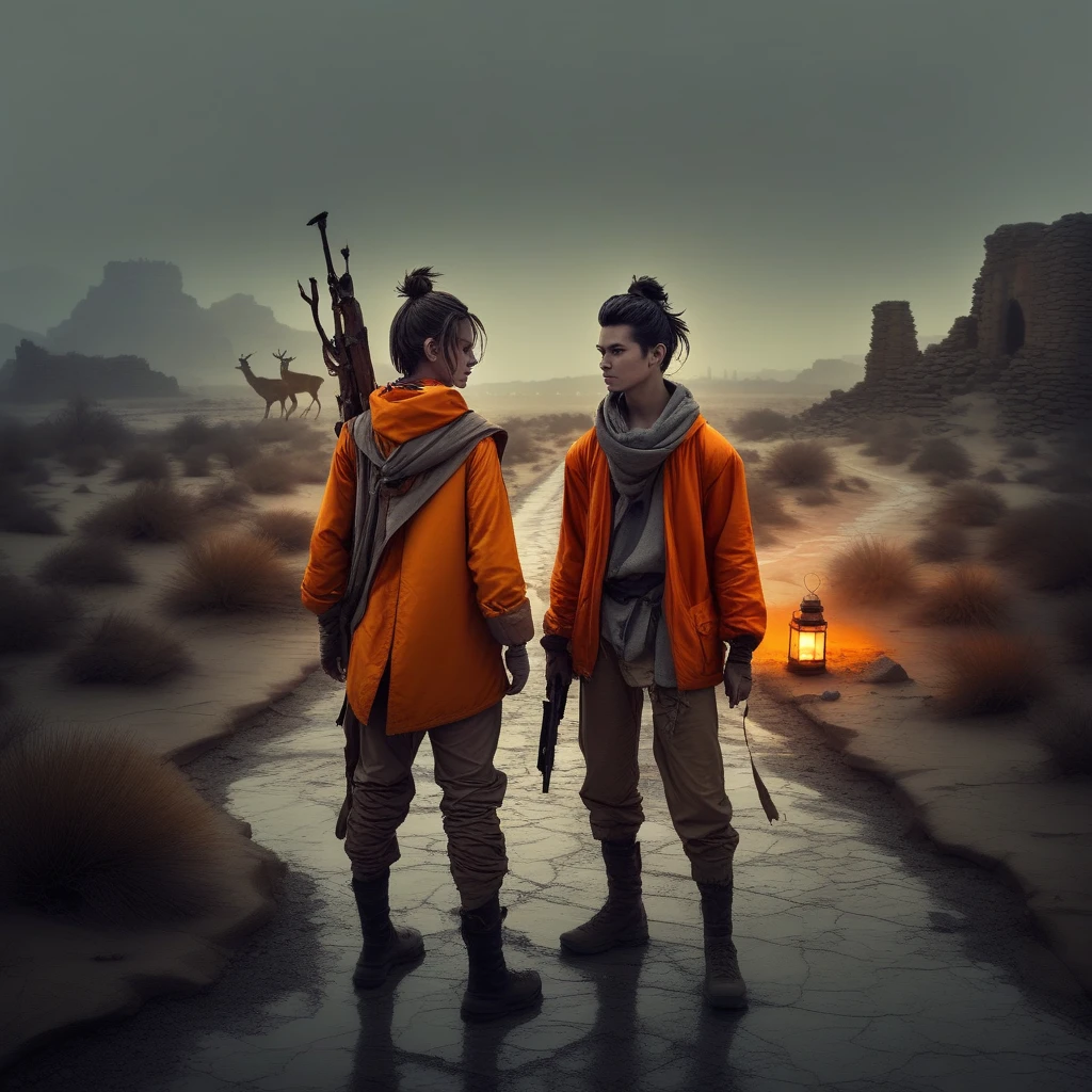 grey sky, holding weapon, orange jacket, desert, ruins, single hair bun, hair bun, lantern, pants, 2boys, road, landscape, field, water, fire, rock, black hair, deer