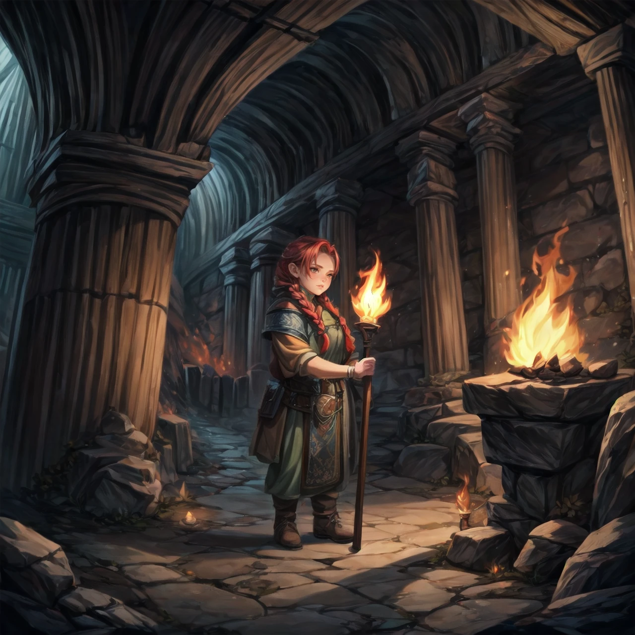 1girl, dwarf, red hair, braids, underground, dwarven city, stone, torches, <lora:Dwarves! SD 1.5:0.8>, dwarvenstyle, very detailed, <lora:more_details:0.6>, high quality, highres, masterpiece, best quality, 8k, intricate, detailed, <lora:add_detail:0.6>