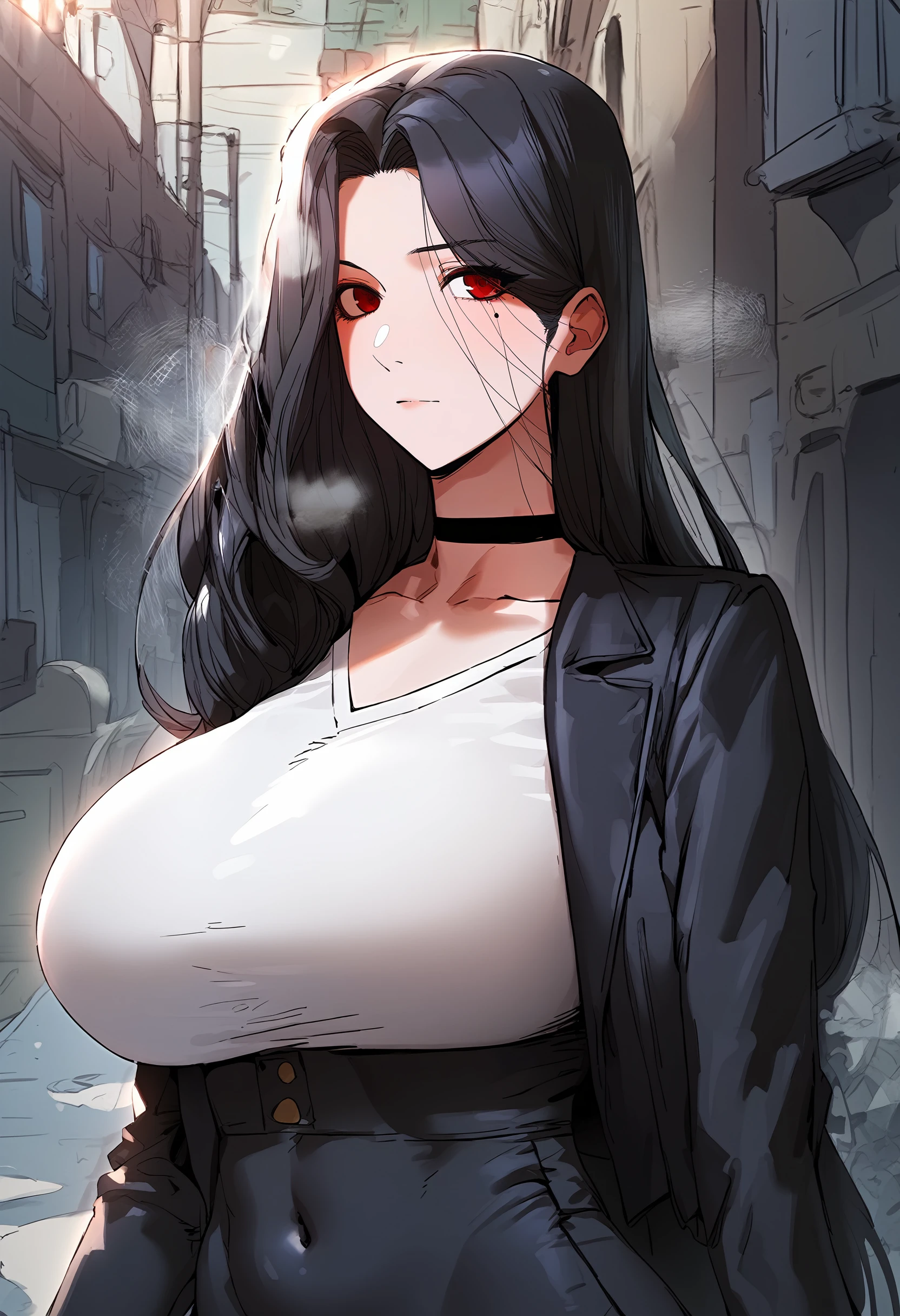 score_9, score_8_up, score_7_up, score_6_up, source_anime, rating_explicit, 1girl, (solo:1.2), huge breasts,<lora:Cha Seon-Youngponyxl:1> long hair, black hair, red eyes, mole under eye, parted bangs, black choker, black jacket, long sleeves, white shirt, covered navel, high-waist skirt, black skirt, pencil skirt, expressionless, Narrow shoulders, heavy breathing, steaming body, alley, outdoors, looking at viewer, close-up