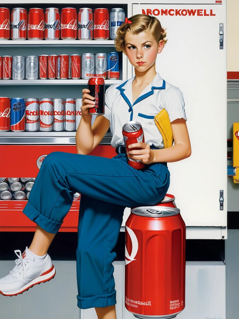 <lora:04Vintageillustration_Hap_XL:1>,Norman Rockwell style girl, short hair, pants,  , study hard, energy drink