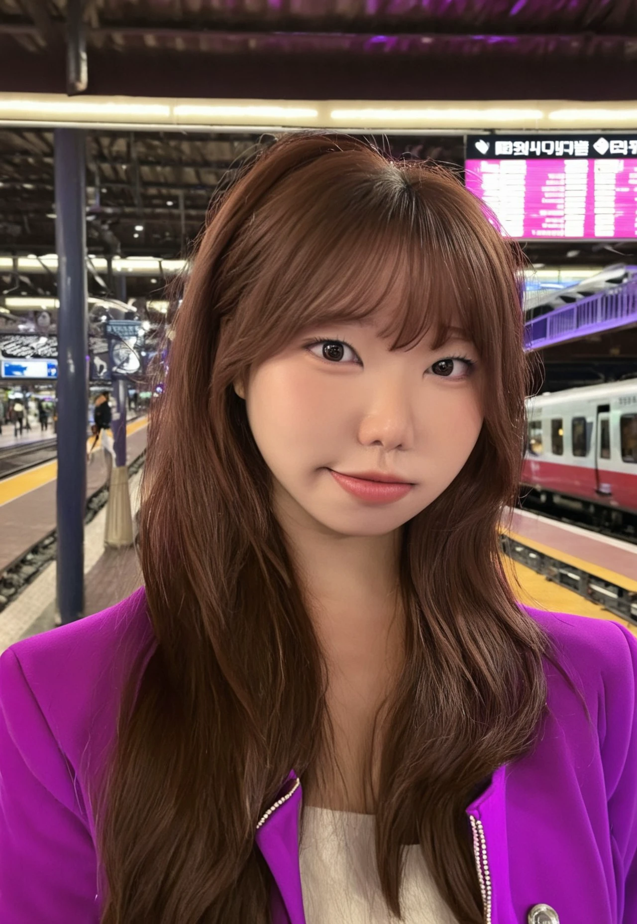 s_uaang \(Person\), @s_uaang, 1 young woman, brown hair, bangs, black eyes, waist up, portrait shot, purple jacket, long hair, background: indoors, Train station, neon lights