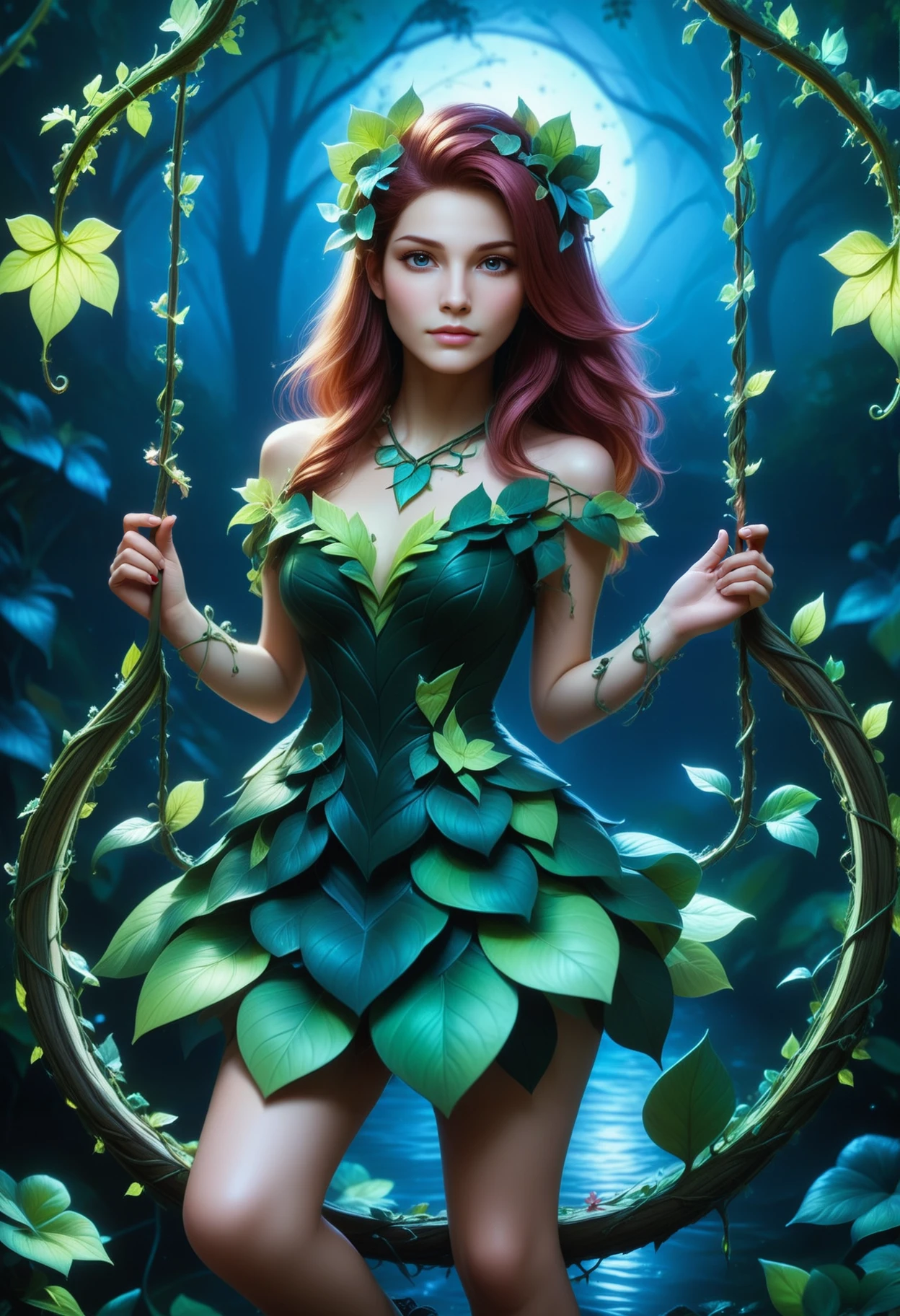 close up, 1 woman, upper body, animecore, 2d, zyveijsdxl, bright smile, harmonious, wearing a dress made out of ivy, detailed with neon petals, made out of iridescent flower petals, sits on a swing in the forest over a river, the swing is detailed with ivy, by night <lora:zyveijSDXL:1>, <lora:Jedtailer:0.4>, p1nk1r1fl0wers  <lora:PinkieIriFlwrsSDXL:0.7>