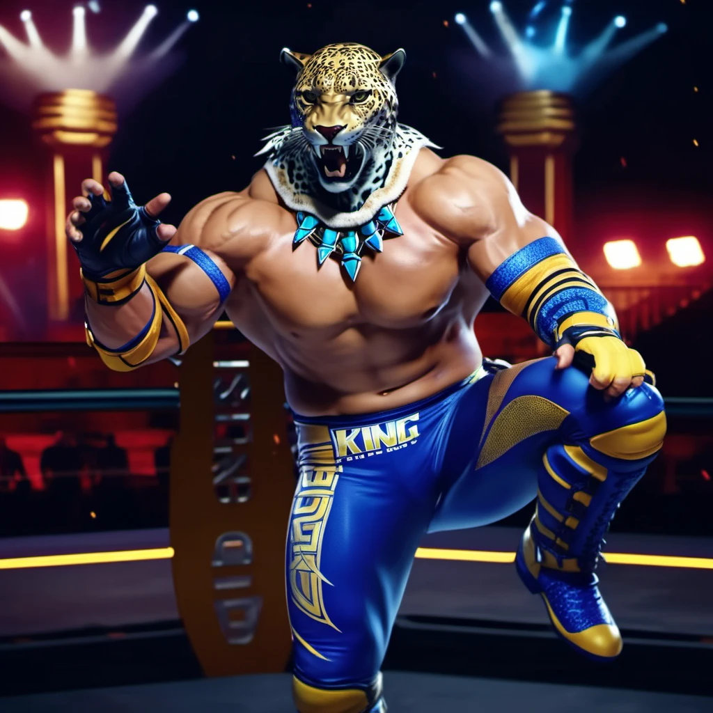 cinematic photo a full body portrait of muscular man, wrestling outfit,  fingerless gloves, jaguar tail, text ''KING'', stands on a wrestling ring <lora:King1024:0.8> . 35mm photograph, film, bokeh, professional, 4k, highly detailed