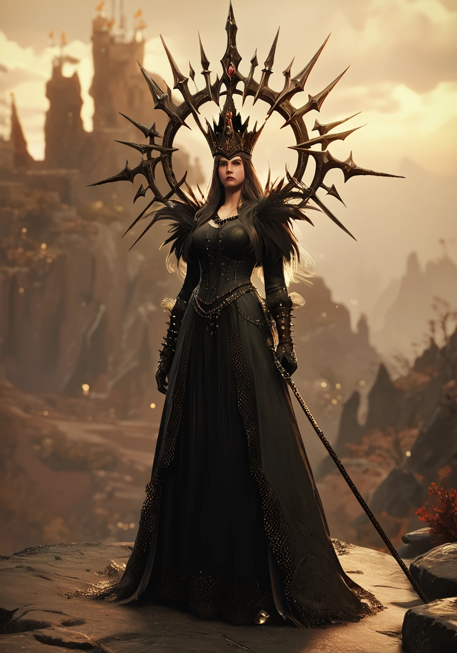 score_9, score_8_up, score_7_up, a woman standing in a dark fantasy setting, best quality, masterpiece, otherworldly, <lora:eldringpxl:0.8>, eldringpxl, full body, landscape, large crown of spikes, dark queen